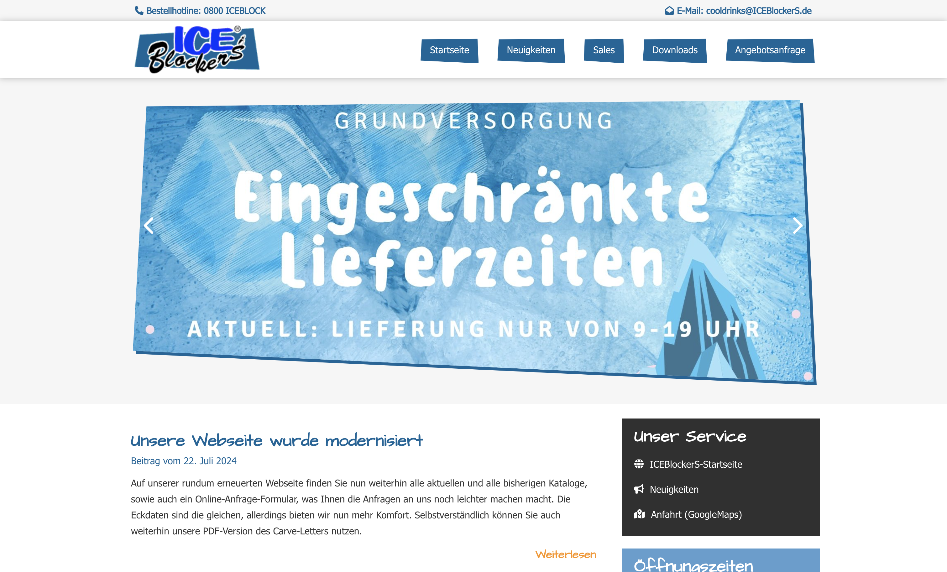 Ein Screenshot der Webseite von ICEBlockerS.de sie zeigt einen schönen Slider und gute Angebote für Eis-Skulpturen aus Berlin, in Redkordzeit.